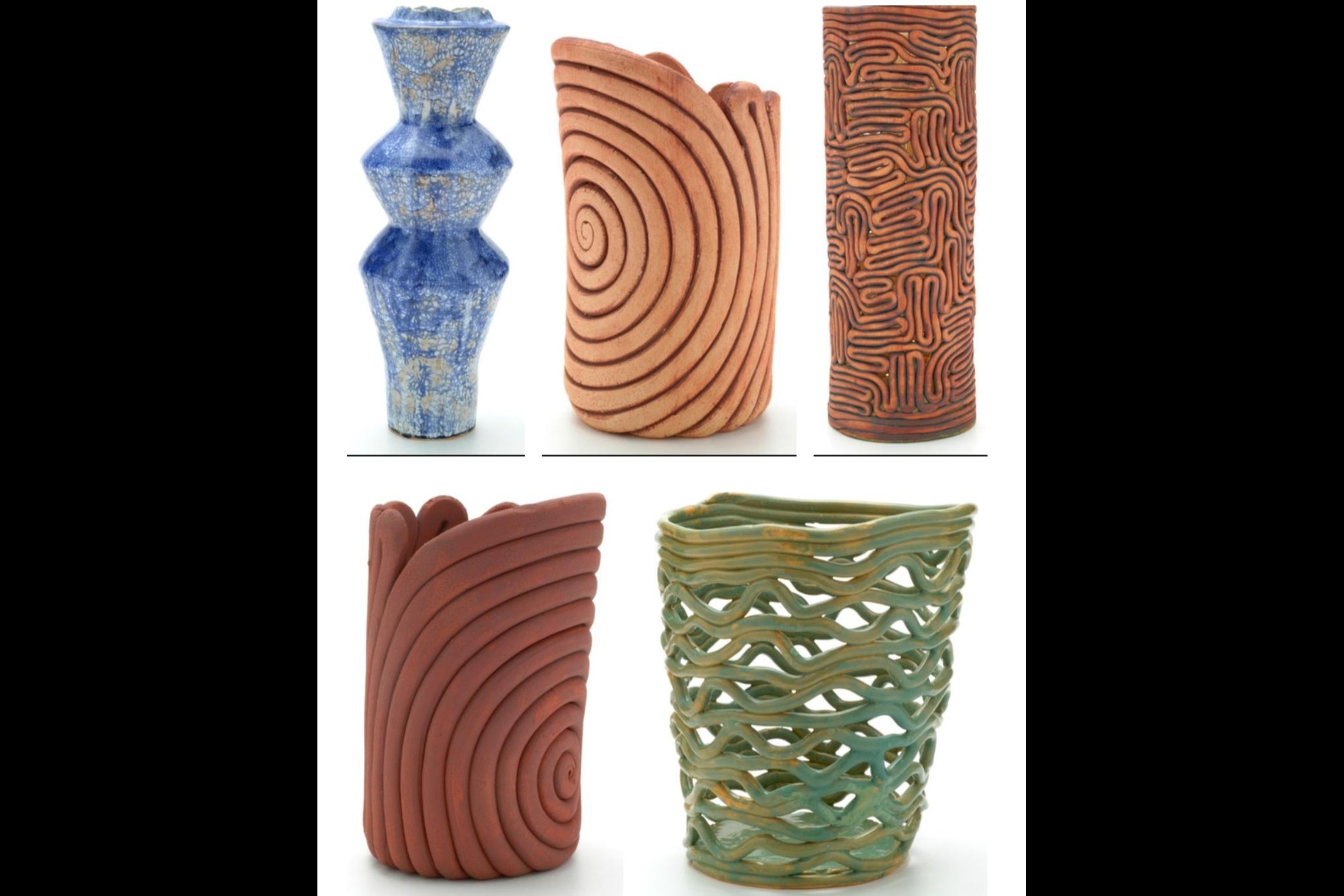 A collection of five handcrafted ceramic coil pots, each showcasing unique textures and designs. The pieces vary in shape and color, including a blue-glazed vase with intricate detailing, a terracotta pot with spiral grooves, a tall cylinder with a maze-like pattern, another terracotta pot with sweeping curved ridges, and a green-woven lattice pot with an organic, flowing structure.