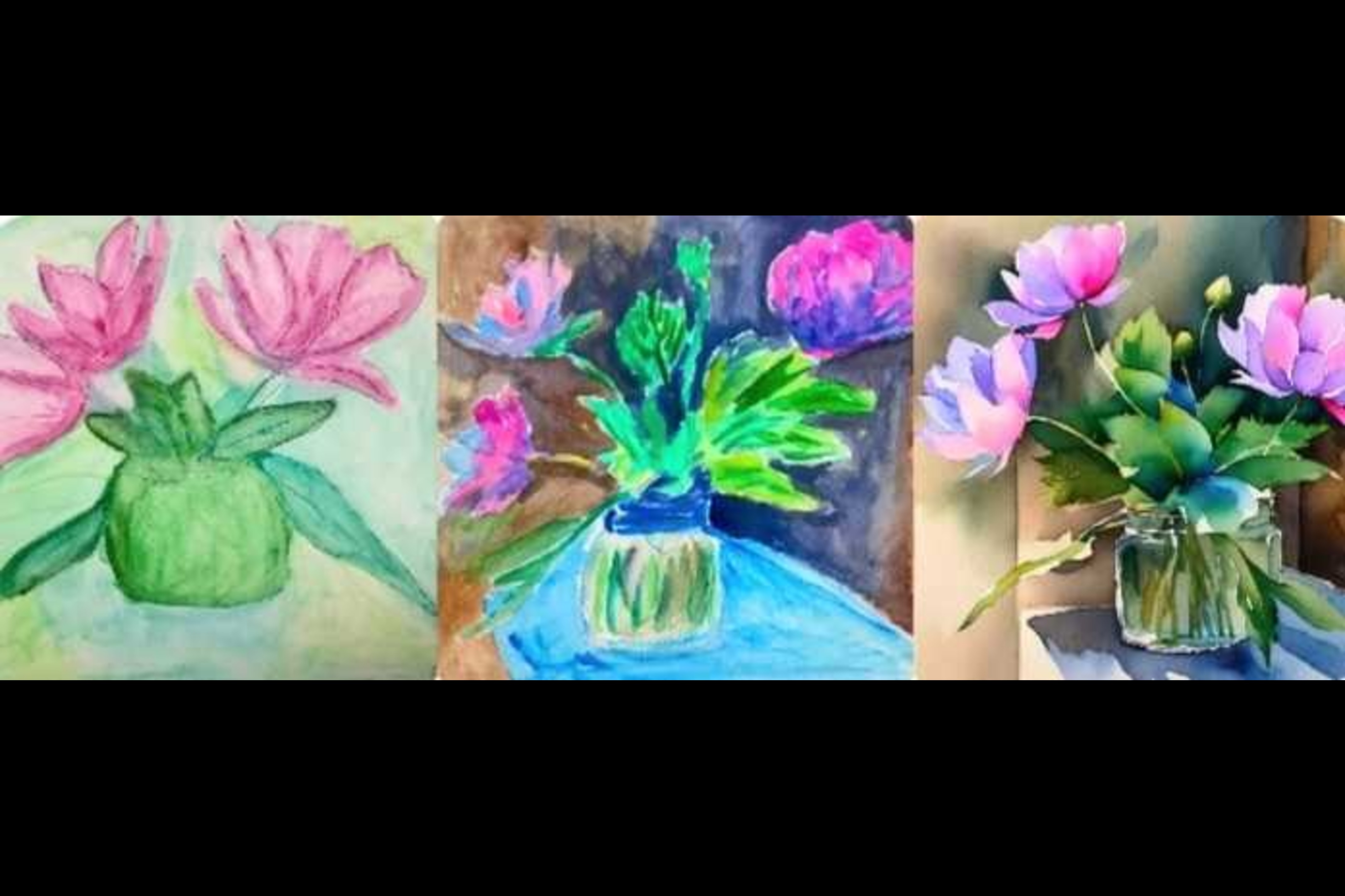 A vibrant collection of three watercolor paintings featuring floral arrangements in various glass vases. Each piece showcases soft, blended colors, including pink, purple, and green, highlighting the beauty of watercolor techniques.