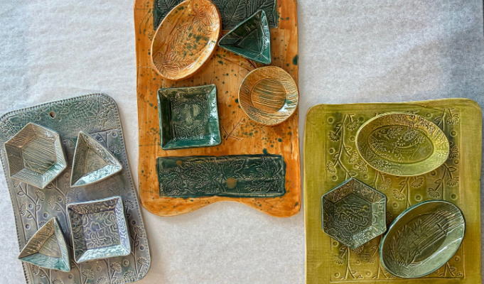 Handmade ceramic charcuterie set created during an art class at Sunshine Studios in Maumee.