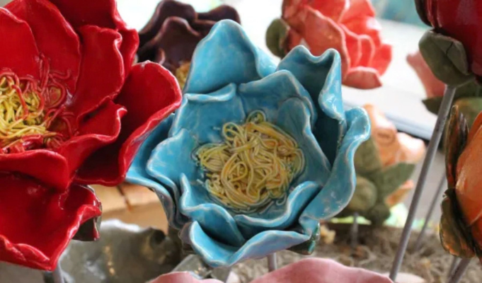 Handmade ceramic garden flower created during a clay art class at Sunshine Studios in Maumee.