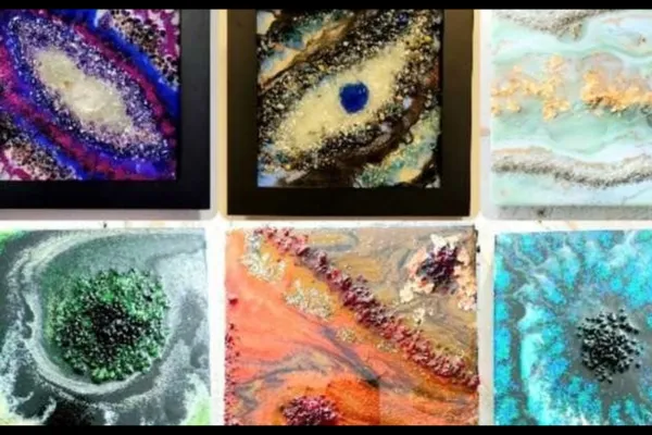 "Abstract resin geode art pieces featuring vibrant colors and textured details, including blues, greens, purples, and metallic accents, displayed in a grid arrangement.