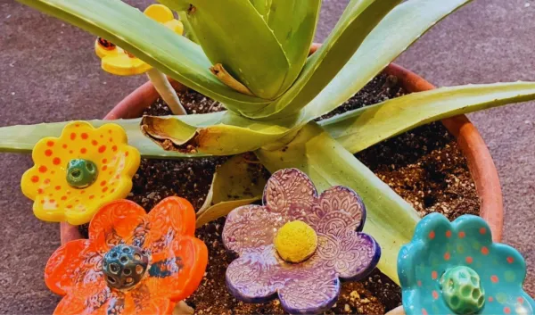 Colorful handmade ceramic bee baths are displayed in a potted aloe plant, showing bright flower shapes in orange, yellow, purple and teal.