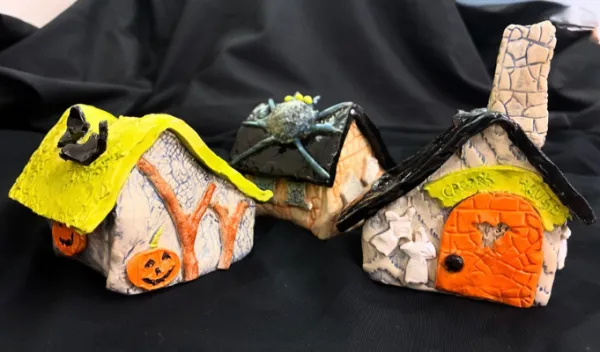Haunted Succulent Houses made from clay at Sunshine Studios. 